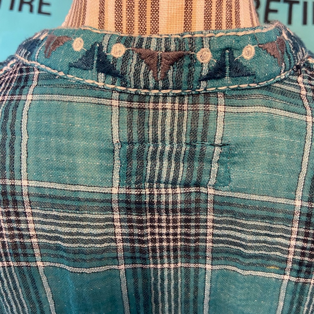 Johnny Was Floral Embroidered Plaid Blouse with Mandarin Collar size lg - Picture 7 of 9